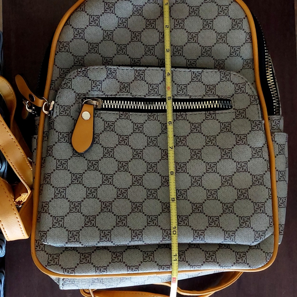 Yellow & Tan Small Faux Leather Vegan Friendly Fashion Backpack Purse w/ Print - Picture 11 of 12